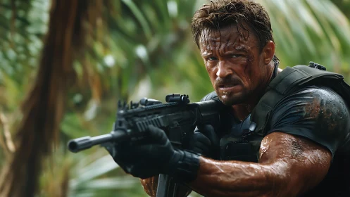 Armed soldier aiming rifle in wet jungle environment.