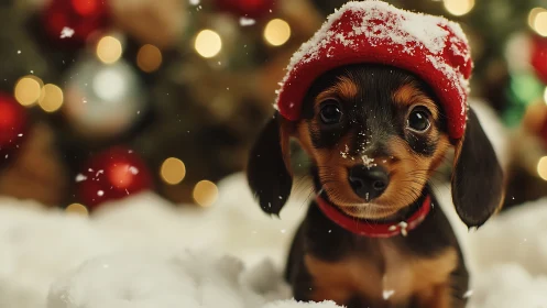 Small dachshund puppy sits in snow wearing red winter hat