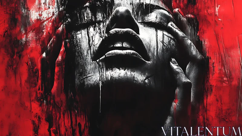 Monochrome visage emerging through scarlet distress fields.