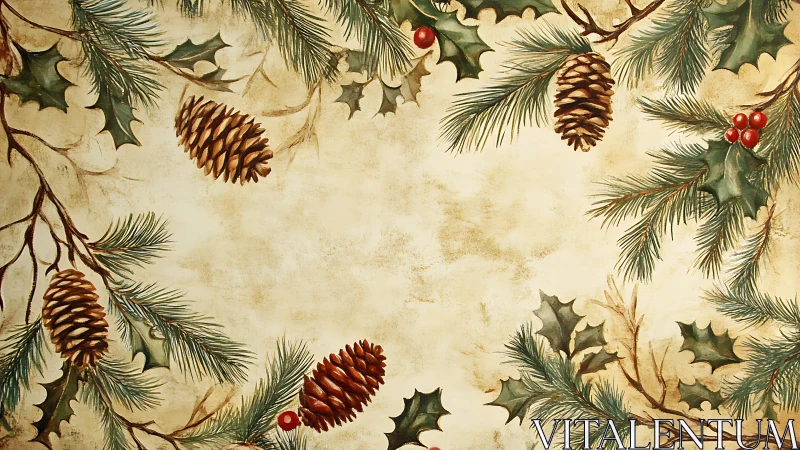 Pine branches, holly leaves, and cones forming seasonal frame.