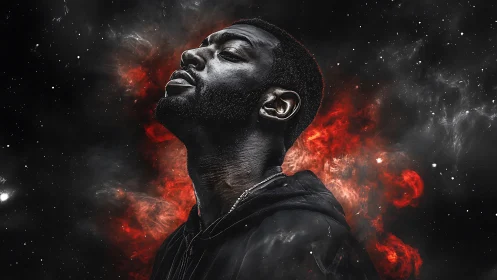 Portrait in cosmic smoke with radiant red nebula glow.