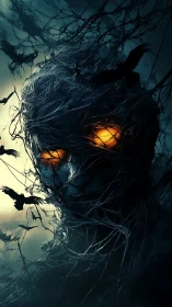 Midnight watcher wrapped in thorns and ember-bright eyes.