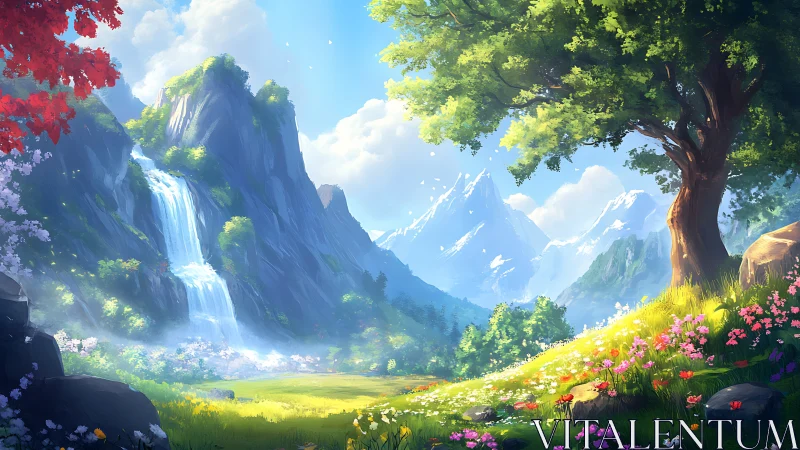 Luminous alpine valley with cascading waterfall and saturated flora