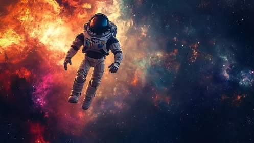 Solitary astronaut drifting before blazing nebula vista.