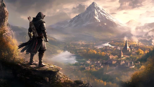 Hooded ranger surveys misty valley town beneath vast peak.
