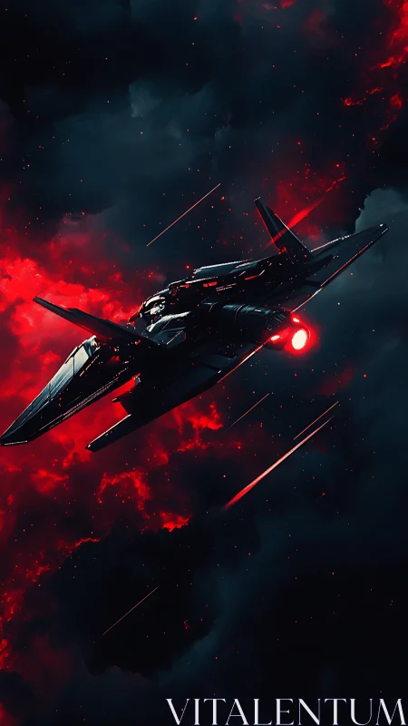 Stealth starfighter cuts through red ion storm with reactive thrusters