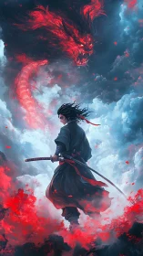 Lone warrior meets blazing red dragon in stormy sky