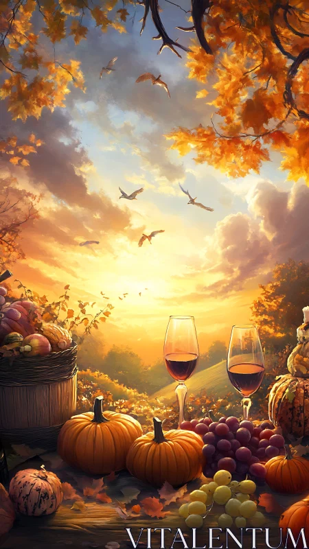 Autumn harvest still life under radiant sunset skyscape.