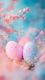 Pastel speckled Easter eggs resting in soft floral nest.