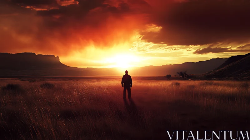 Sunset wanderer standing in glowing open prairie light.