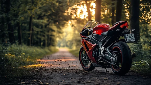 Sunlit red motorcycle waits quietly on a peaceful forest road