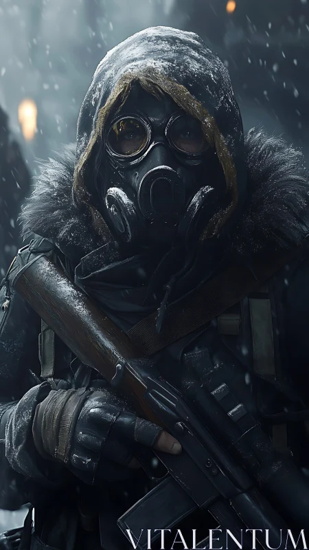 Frostbitten sentinel waits beneath stormlit winter ruins