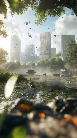 Futuristic armored convoy advances through flooded city park