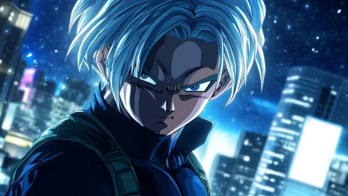 Silver-haired anime warrior glares defiantly in neon city night