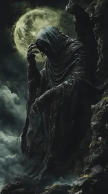 Moonlit wraith broods on a crumbling cliff of stormshadow.