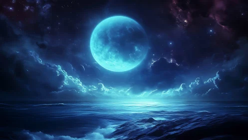 Moonlit Tides Under a Dreamy Electric Night Sky.