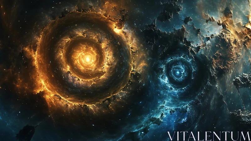 Twin cosmic spirals glow warmly in a storm of swirling stars