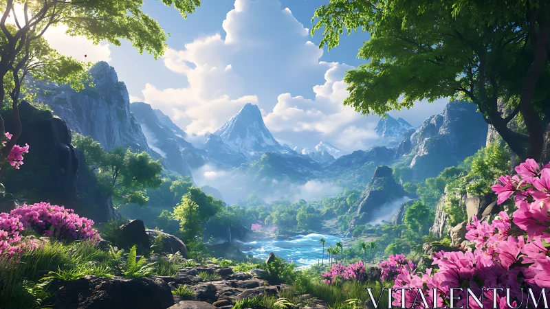 Lush alpine valley with snow peaks and vibrant spring blooms.