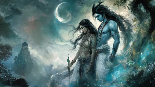 Divine couple in ethereal moonlit forest, digital painting composition.