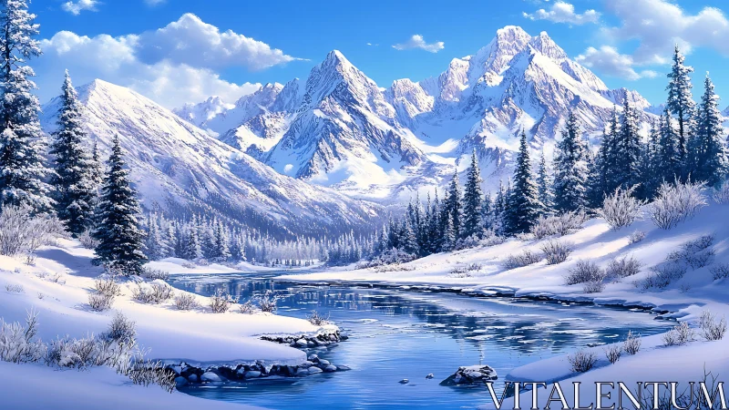 Glacial river whispers beneath towering sapphire peaks.