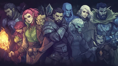 Fantasy adventuring party lineup in dramatic teal lighting.