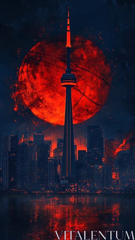 Cyberpunk Toronto skyline under apocalyptic basketball moon.
