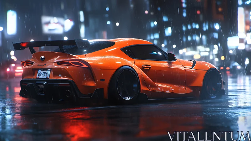 Orange sports coupe is parked on a wet city street at night