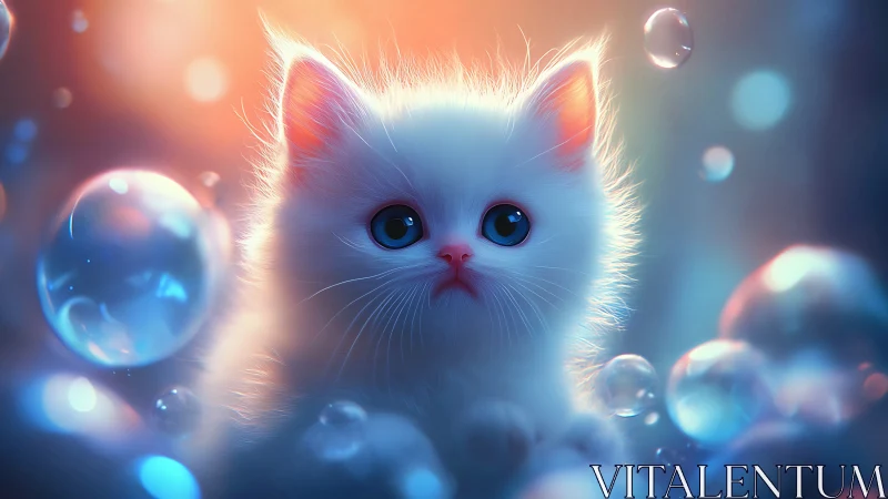 Luminous White Cat Surrounded by Iridescent Bubbles.