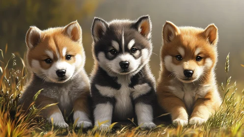 Sunlit husky puppies sharing a cozy autumn meadow moment.