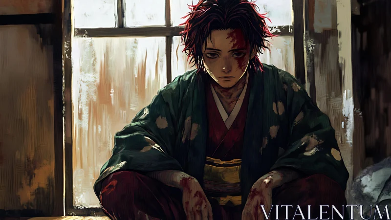 Battle-weary samurai youth brooding in fractured sunlight.