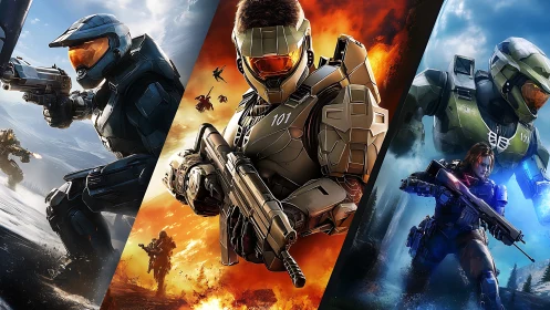 Triptych of armored sci‑fi soldiers rendered with dynamic lighting and blast effects