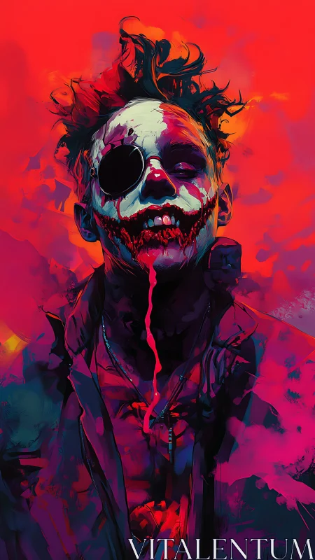 Ferocious neon clown with eyepatch in scarlet haze.