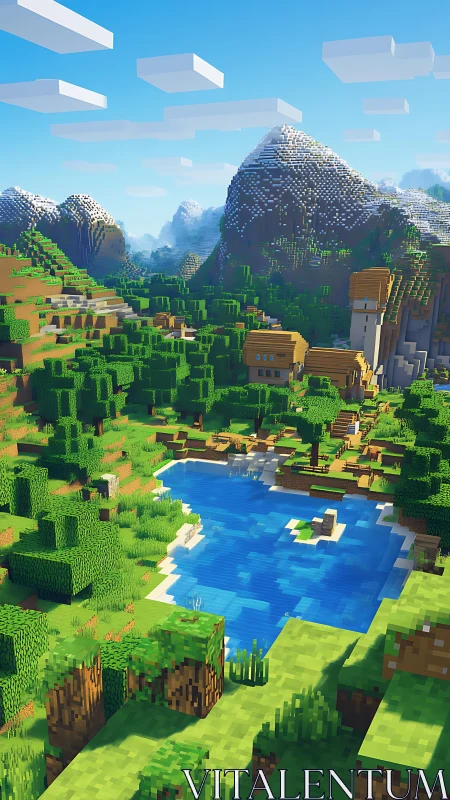 Peaceful blocky valley with bright lake and cozy village.