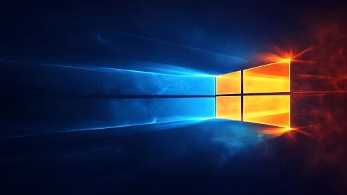 Windows-inspired glowing logo in vivid blue and orange light.