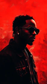 Side-profile portrait shows figure in dark jacket on red field