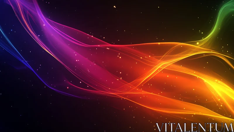 Prismatic solar ribbons drift through a midnight starlit void.