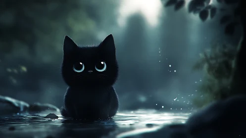 Luminous-Eyed Kitten Meditates on Misty Forest Waters