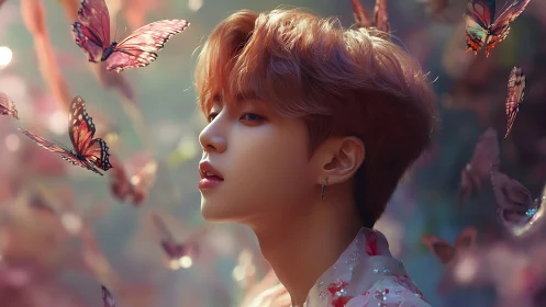 Youthful figure in pastel garden surrounded by butterflies.