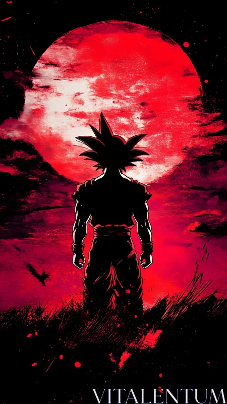 Backlit warrior silhouette against high-contrast red lunar backdrop