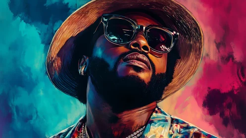 Bold portrait of stylish man in hat against split colors.