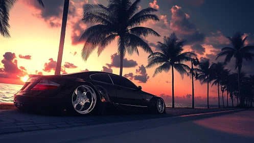 Sleek black sports car glides along a neon sunset coast