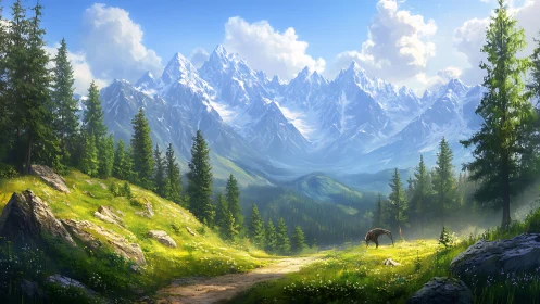 Sunlit alpine meadow welcomes a peaceful mountain wanderer