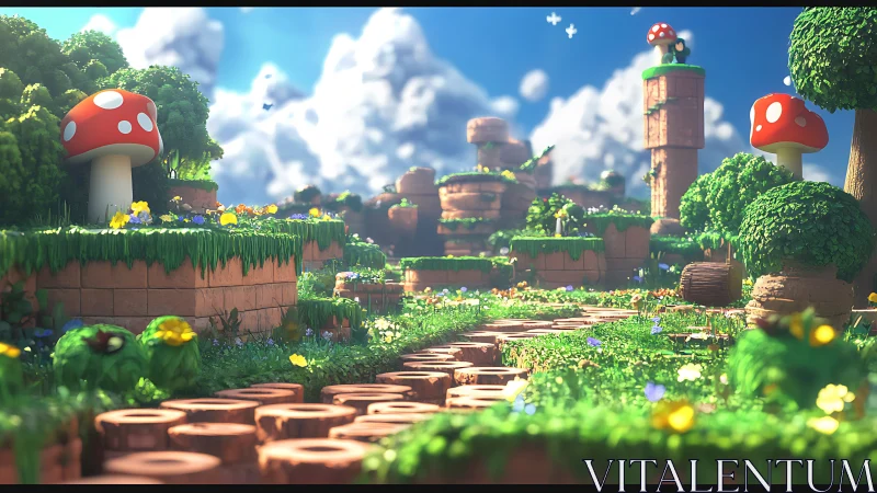 Cartoon mushroom landscape in bright stylized 3D world.