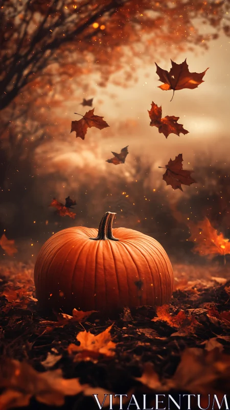 Pumpkin glows softly amid swirling autumn leaves at dusk
