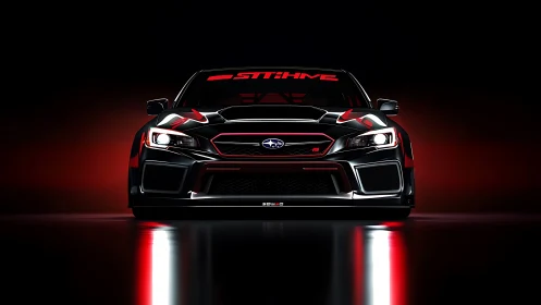 Subaru performance car glows against dramatic red lighting.