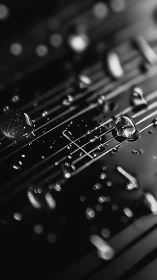 Close-up macro of water drops on sleek black surface.