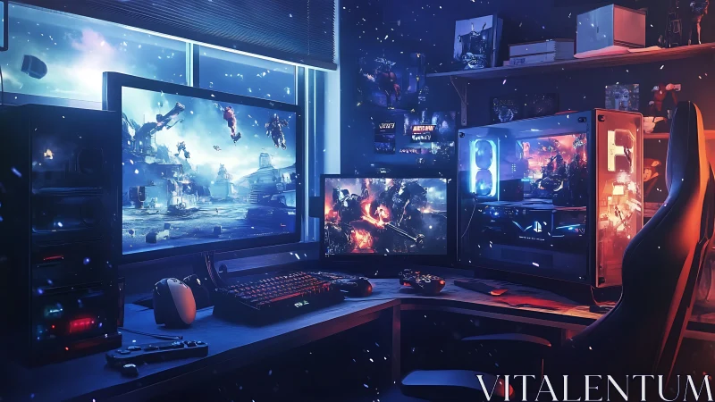 Immersive gaming corner glows with screens, color, and energy