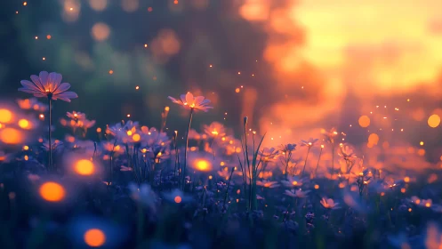 Luminous wildflower field bathed in golden sunset glow