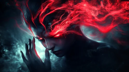 Fire-eyed sorceress channels searing crimson energy.