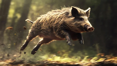 Wild boar races through sunlit forest in mid-leap.